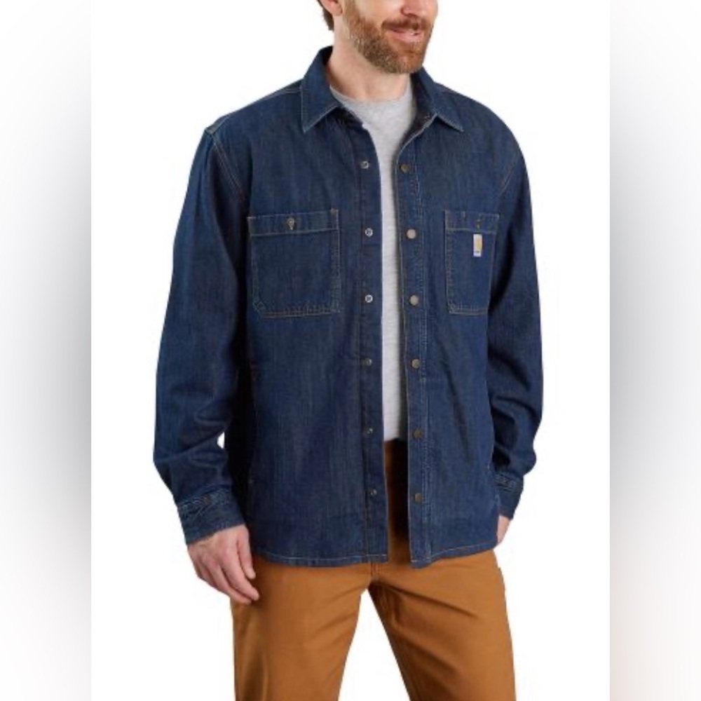 Carhartt Men Relaxed Fit Denim Jean Fleece Lined Snap Front Shirt Jacket Size L